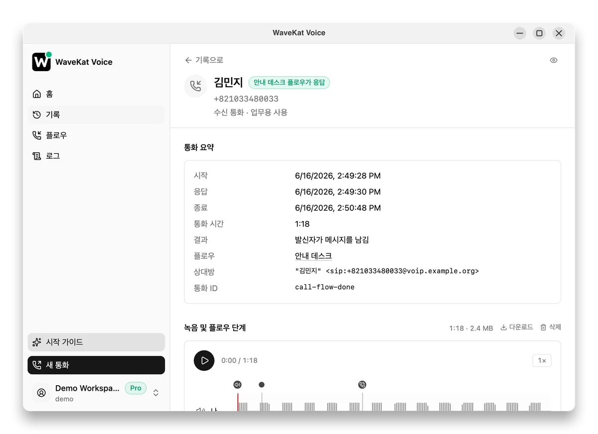 Ubuntu의 WaveKat Voice — 플로우가 받은 종료된 통화. '안내 데스크 플로우가 응답' 배지와 '발신자가 메시지를 남김' 결과, 그 아래 녹음이 보인다.