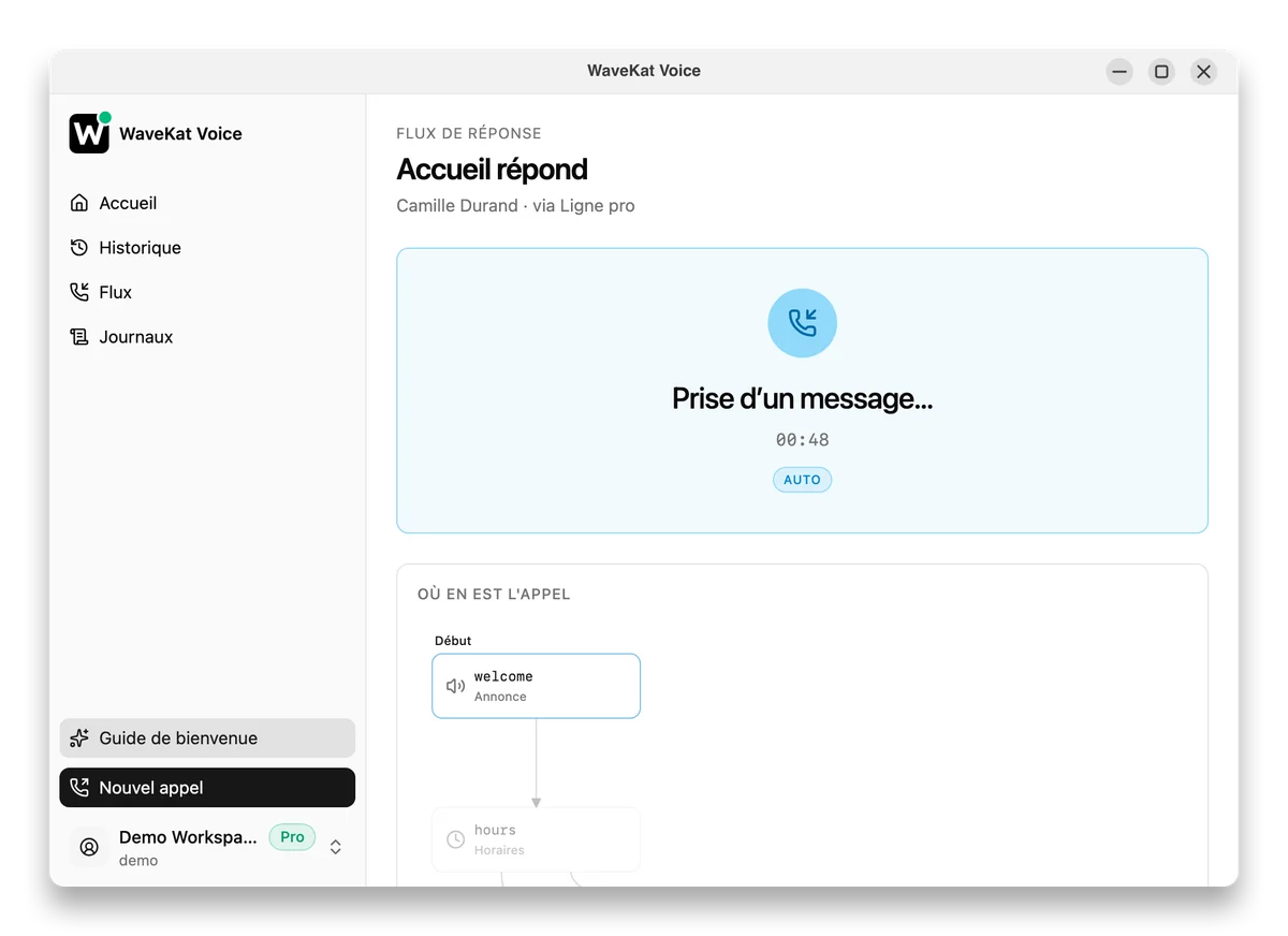 WaveKat Voice sous Ubuntu — un appel pris par un flux : « Accueil répond », avec « Prise d'un message… » et le nom de l'appelant.