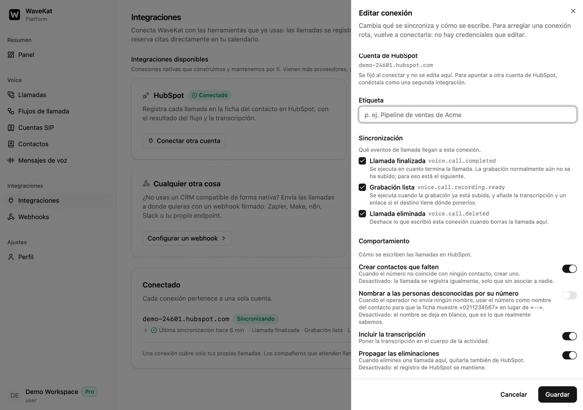 El panel de ajustes de la conexión en la web: qué eventos de llamada llegan a HubSpot y los interruptores «Crear contactos que falten», «Nombrar a las personas desconocidas por su número», «Incluir la transcripción» y «Propagar las eliminaciones».