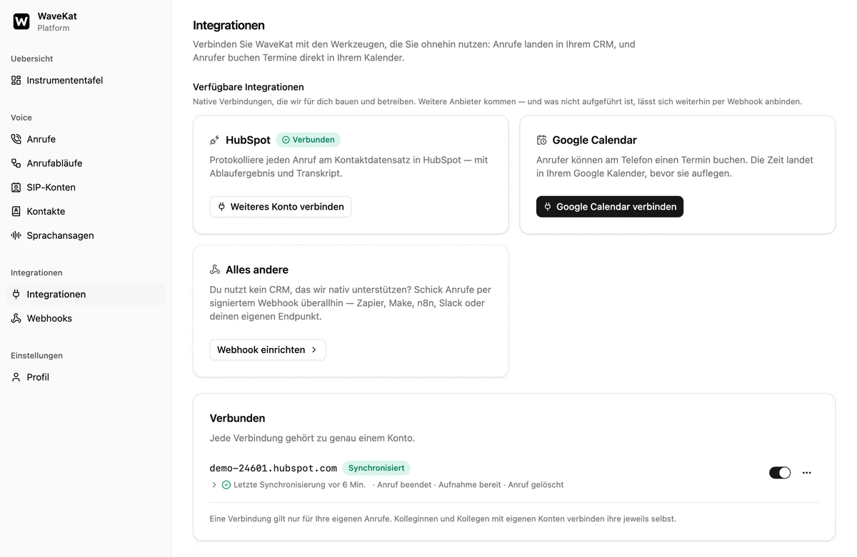 Die WaveKat-Integrationsseite im Web — HubSpot im Katalog als „Verbunden“ markiert, darunter das verbundene Portal mit „Synchronisiert“ und der letzten Synchronisierung vor wenigen Minuten.