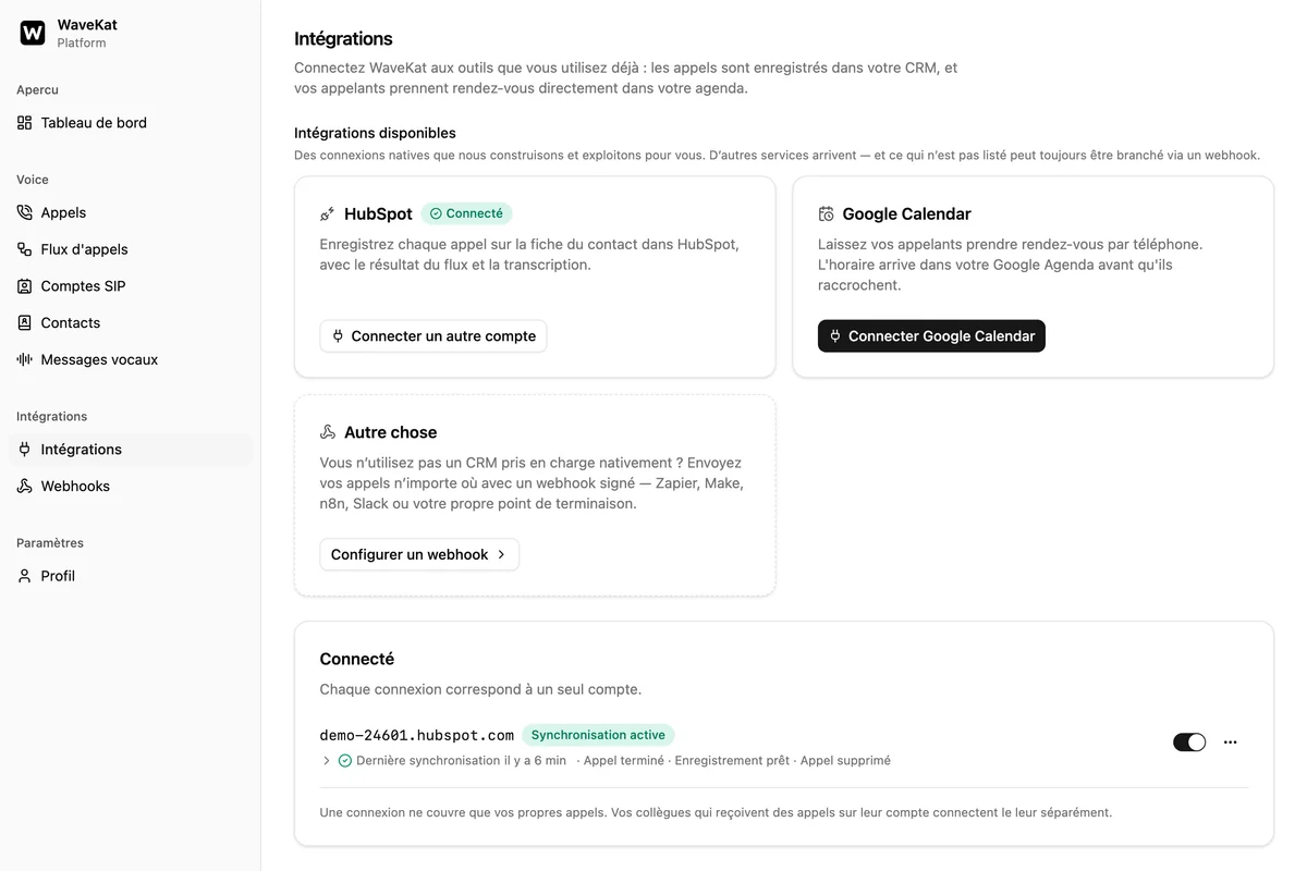 La page Intégrations de WaveKat sur le web — HubSpot marqué « Connecté » dans le catalogue et, en dessous, le compte connecté affichant « Synchronisé » et sa dernière synchronisation il y a quelques minutes.