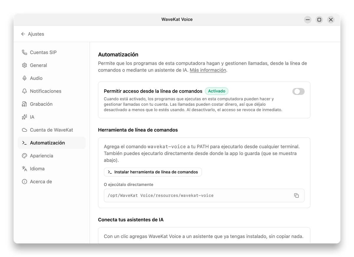 WaveKat Voice en Ubuntu: los ajustes de Automatización con el acceso por línea de comandos activado y el botón para instalar la herramienta de línea de comandos.