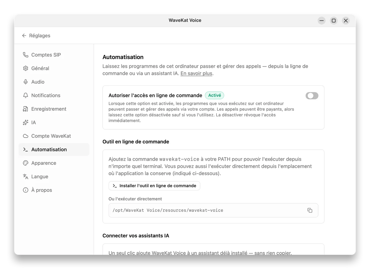 WaveKat Voice sous Ubuntu — les réglages d'Automatisation avec l'accès en ligne de commande activé et le bouton pour installer l'outil en ligne de commande.